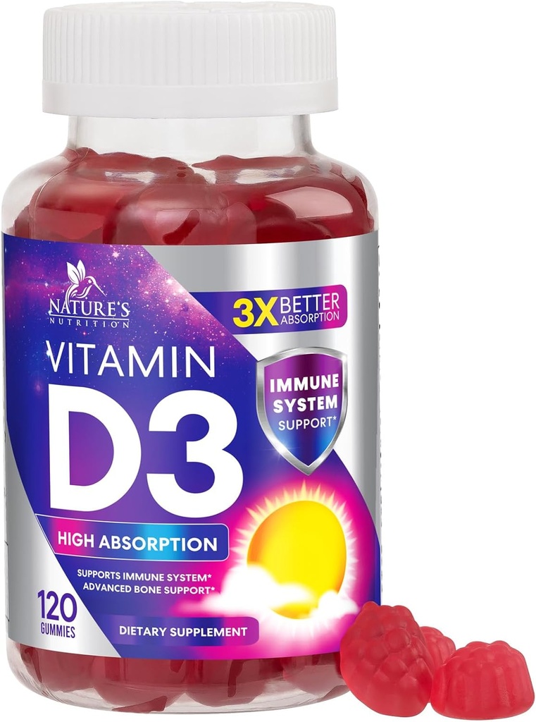 ויטמין D3 Gummy 5000 IU (125 mcg) - תוספי ויטמין D עבור נשים וגברים - עצם, שיניים, שריר ו- Immune Health Support, High Potency VIT D3 Nature's Non-GMO & Gluten חינם - 120 מסטיקנים