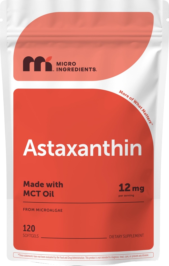 Micro Ingredients Astaxanthin 12 מ"ג עם שמן MCT, 120 Softgels, 4 חודשים אספקה | Premium Astaxanthin Antioxidant תוספים* | מקור Microalgae טרי