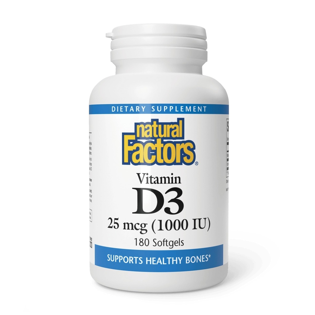גורמים טבעיים, ויטמין D3 1000 IU (25 mcg), תומכים עצמות חזקות, שרירים ותפקוד Immune, 180 טבליות