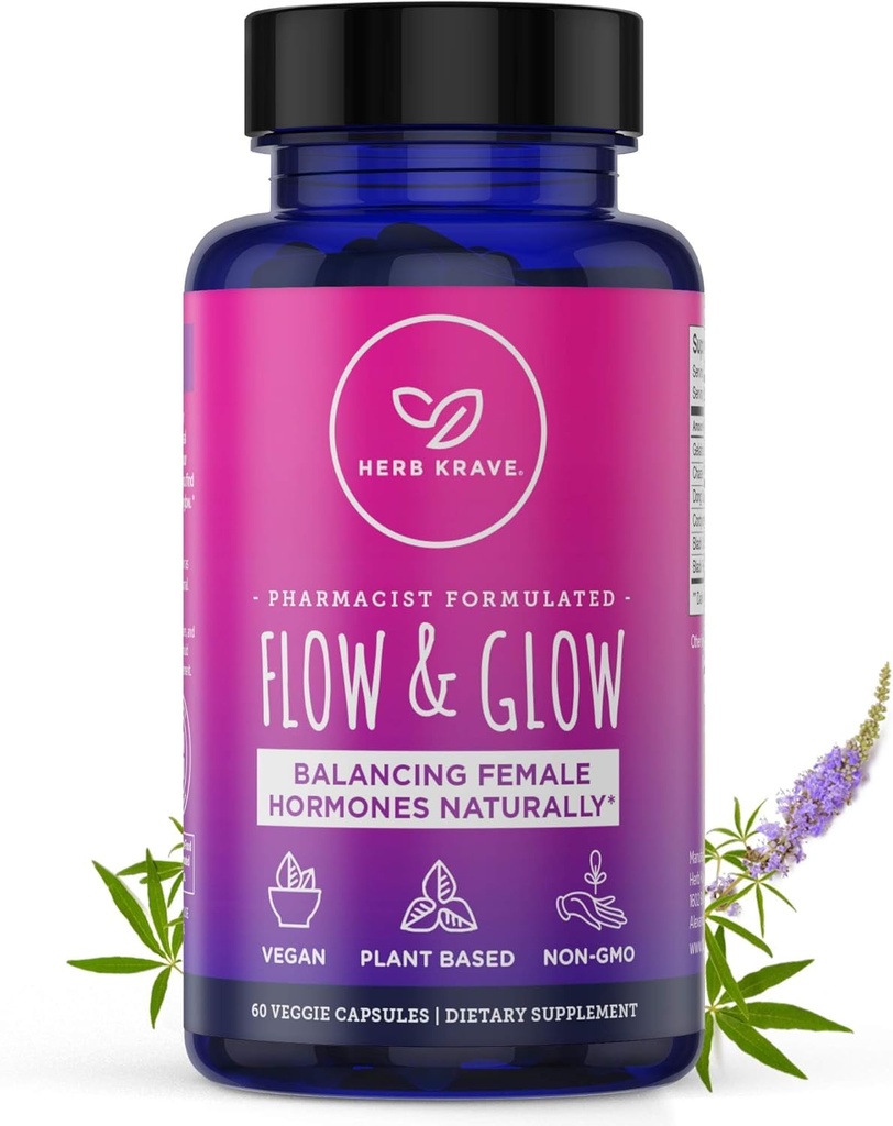 Flow and Glow Natural Balance for Women - PMS & Menopause הקלה עבור Cramps, Mood Swings & Night Sweats with Donq Quai & Black Cohosh for Menopause - 60 קפסולות טבעוניות (1 Pack)