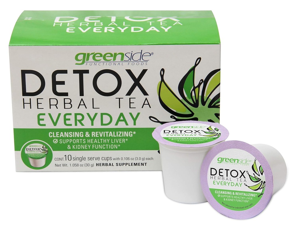 Greenside Detox Herbal Tea Single מגישים גביעים עבור כל יום - ניקוי ושיקום תוספי הגוף - 10 גביעים (3 גרם שירות / Cup)