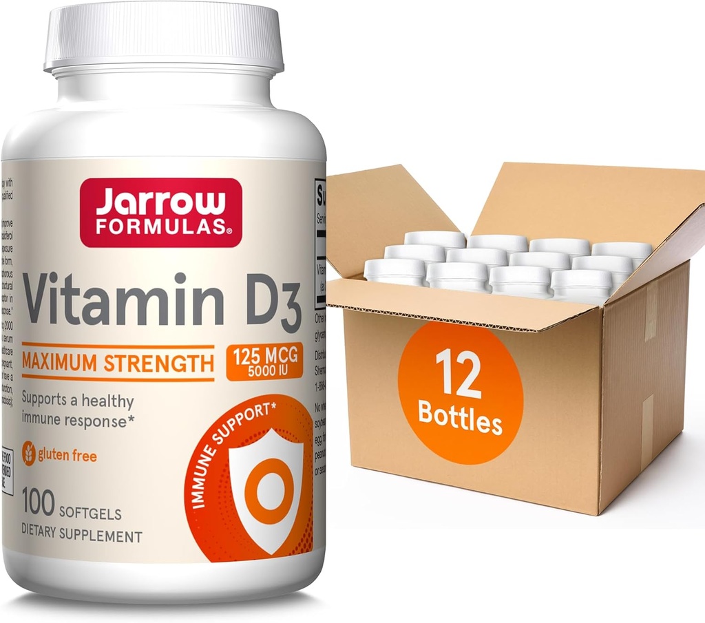 Jarrow Formulas ויטמין D3125 mcg (5000 IU) - 100 משרתים (Softgels) - בריאות העצם, תמיכה כספית ותמיכה של Calcium Metabolism - ויטמין D3 - 5000 IU D (Pack של 12)