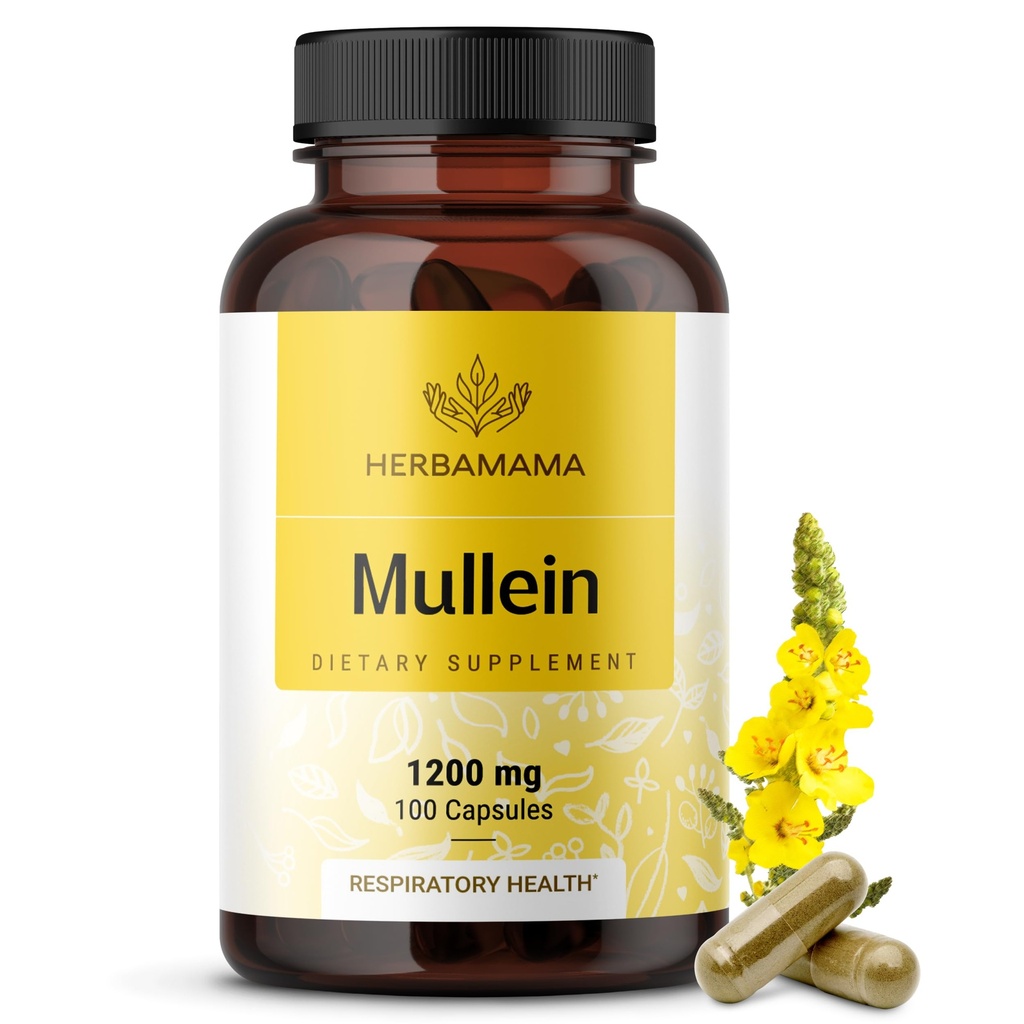 HerBAMAMA מולליין Leaf קפסולות - 1200mg Mullein Leaf לחלץ עבור Lung Detox תמיכה - טבעוני, Non-GMO Respiratory Lung ניקויse תוסף