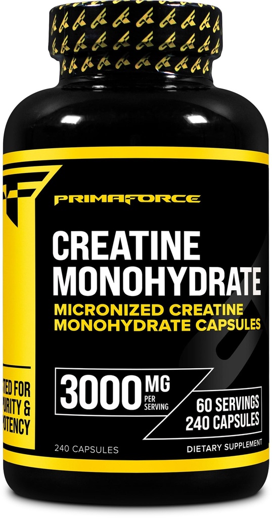 Primaforce Creatine Monohydrate קפסולות - 240 קפסולות, 3,000 מ"ג לשרת,ten Glu Free and non-GMO