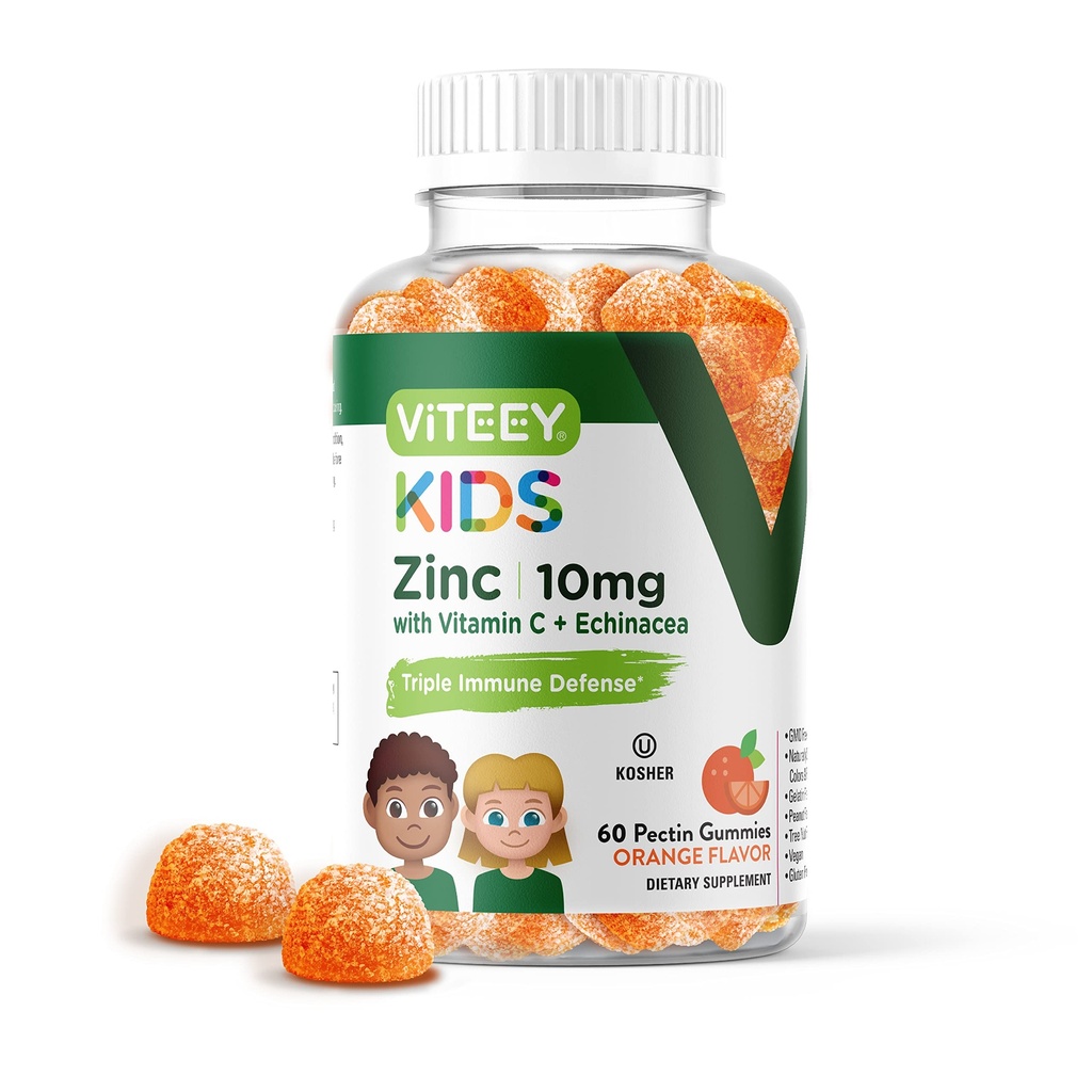 Vite Zinc for Kids Gummies 10 מ"ג, עם ויטמין C & Echinacea - Immune Support, Powerful Natural Antioxidant, Kids Zinc ויטמין - טבעוני, Gelatin חינם - Tasty Chewable Orange Flavorחניכיים