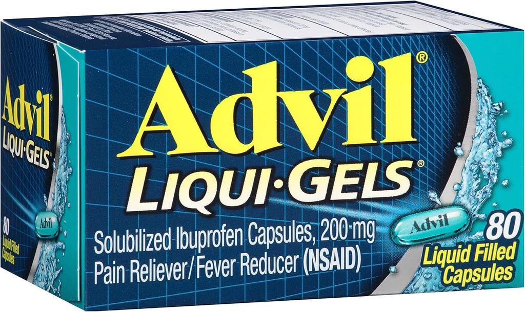 עו"ד Liqui-Gels Pain Reliever ו-Fever, Pain Medicine for Adults with Ibuprofen 200mg for Headache, Backache, Menstrual Pain and Joint Pain Relief - 80 קפסולות נוזליות מלאות