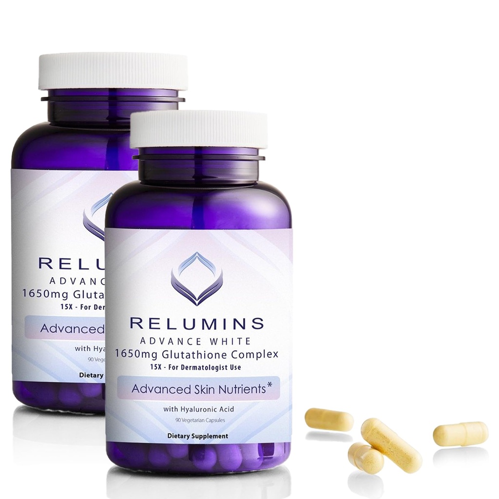Relumins 1650 מ"ג L-Glutathione Complex with Hyaluronic Acid, Alpha Lipoic Acid, Rose HIPS, ויטמין E & Riboflavin, תמיכה אנטי-חמצן, הידרציה עור ובטיחות, מיוצר בארה"ב - 90 קפסולות x 2 בקבוקים