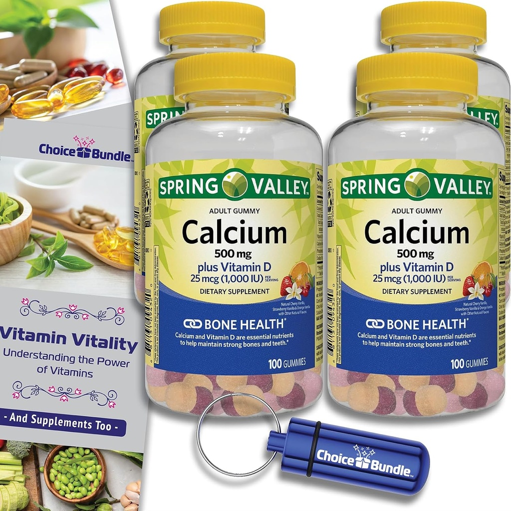 בחירת Bundle Spring Valley Calcium 500 מ"ג פלוס ויטמין D 25 mcg העצם בריאות דיאטות תוספת תוספי מזון, 100 Ct 4 pk (400 Total) + מדריך ויטמין ו- Pill Container (6 פריטים)!