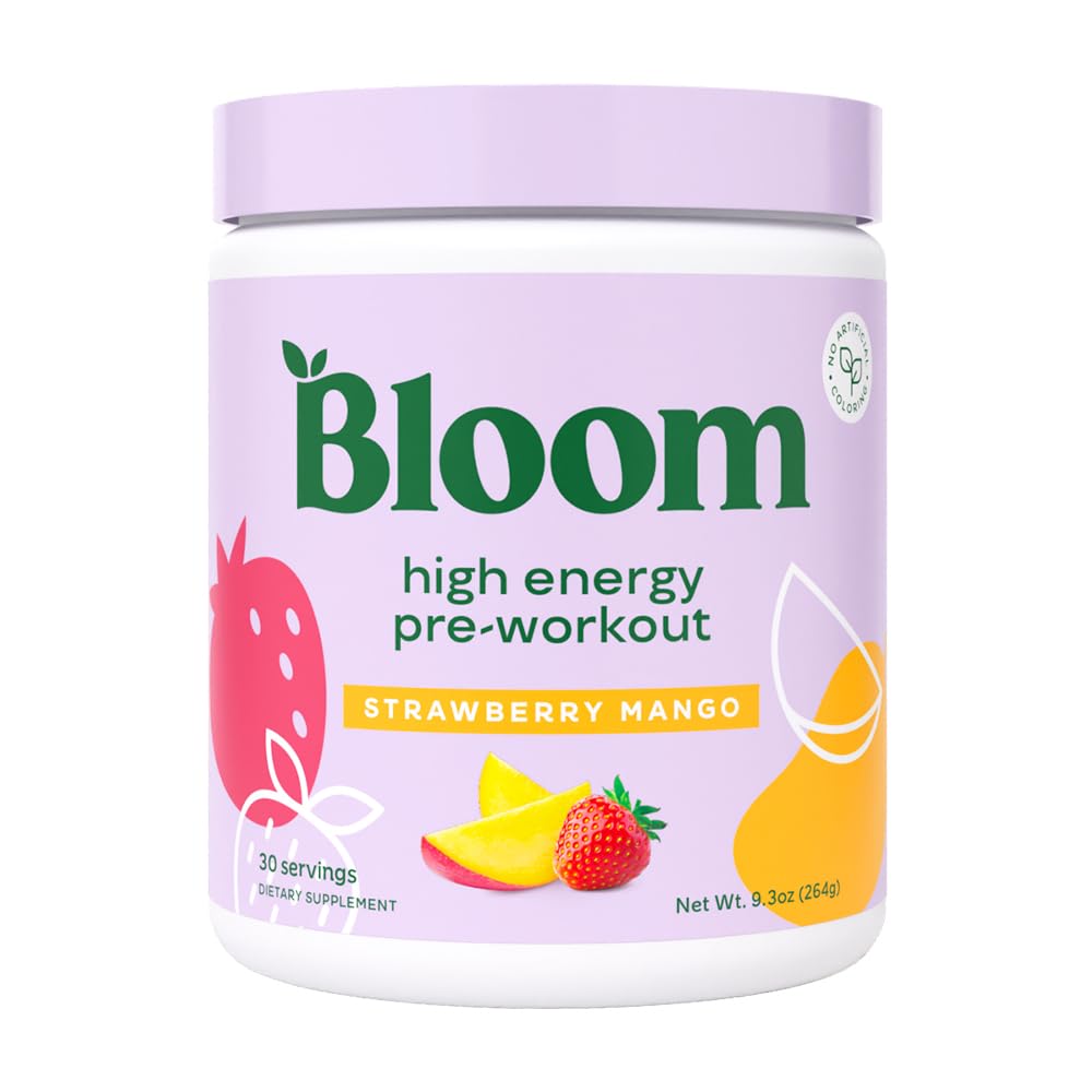Bloom Nutrition High Energy Pre Workout with Beta Alanine, ג'ינסנג ו- L Tyrosine עבור Amino Energy, אבקת Caffeine טבעית מפלט תה ירוק, Keto, Sugar Free Drink Mix, Strawberry מנגו