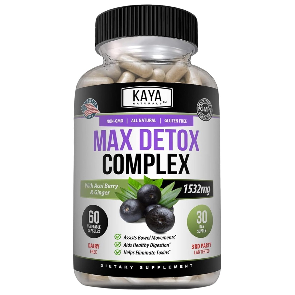 Kaya Naturals Max Detox Herbal תוסף - Natural Ingredients 1532 מ"ג - אבקת Psyllium, Acai ברי לחלץ, ג'ינג'ר Root 60 Count