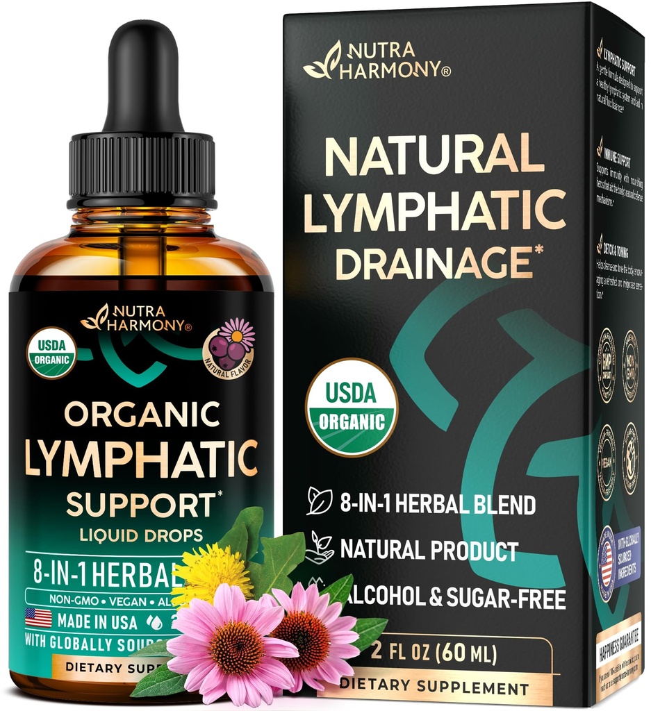 USDA אורגני Lymphatic Drainage תוסף - Echinacea | Elderberry | Dandelion | Rosehip | Cleavers | Calendula | Burdock - Made in USA - Lymph System Drops - Immune Support, Cleanse & Detox, 2 fl oz oz