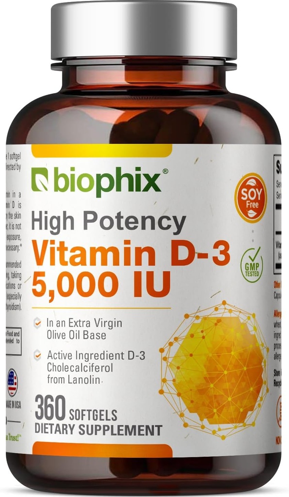ויטמין D-3 5000 IU 360 Softgels - High-Potency in Extra Virgin Oil Non-GMO Soy-Free Supports Strong Bones Immune Health