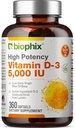 ויטמין D-3 5000 IU 360 Softgels - High-Potency in Extra Virgin Oil Non-GMO Soy-Free Supports Strong Bones Immune Health
