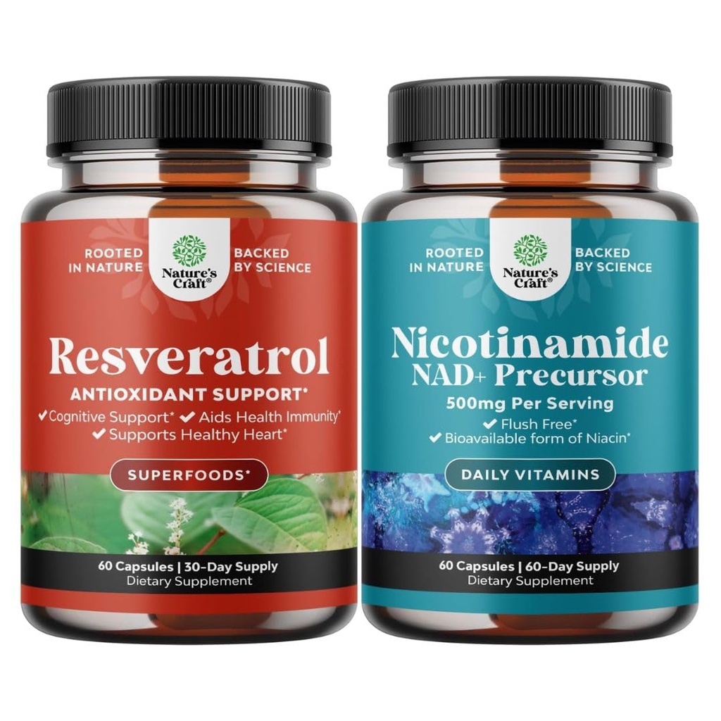 Bundle of Youthful Trans Resveratrol תוספת עם AMPK Activator for cell Health & Vitality ו- B3 Niacinamide Mitochondrial Energy & Potent Skin - Niacin Flush Free Nicotinamide 500 מ"ג ו- B3 Niacinamide Mitochinamide Mitochdrial Energy & Potent Skin - Niacin Flush Free Nicotinamide 500 מ"ל