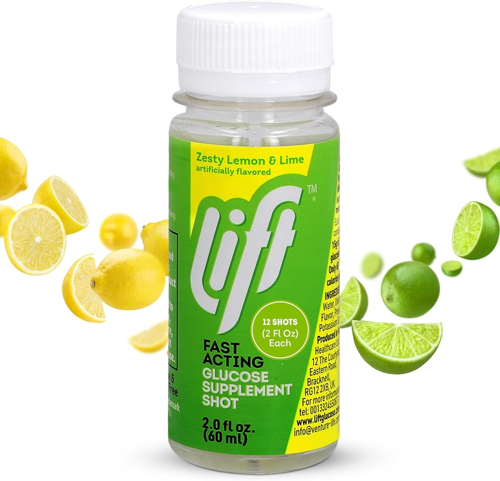 Lift Glucose Fast-Acting Glucose Energy Juice Shots, Lemon Lime, 2.0 בקבוקי oz (Pack of 12)