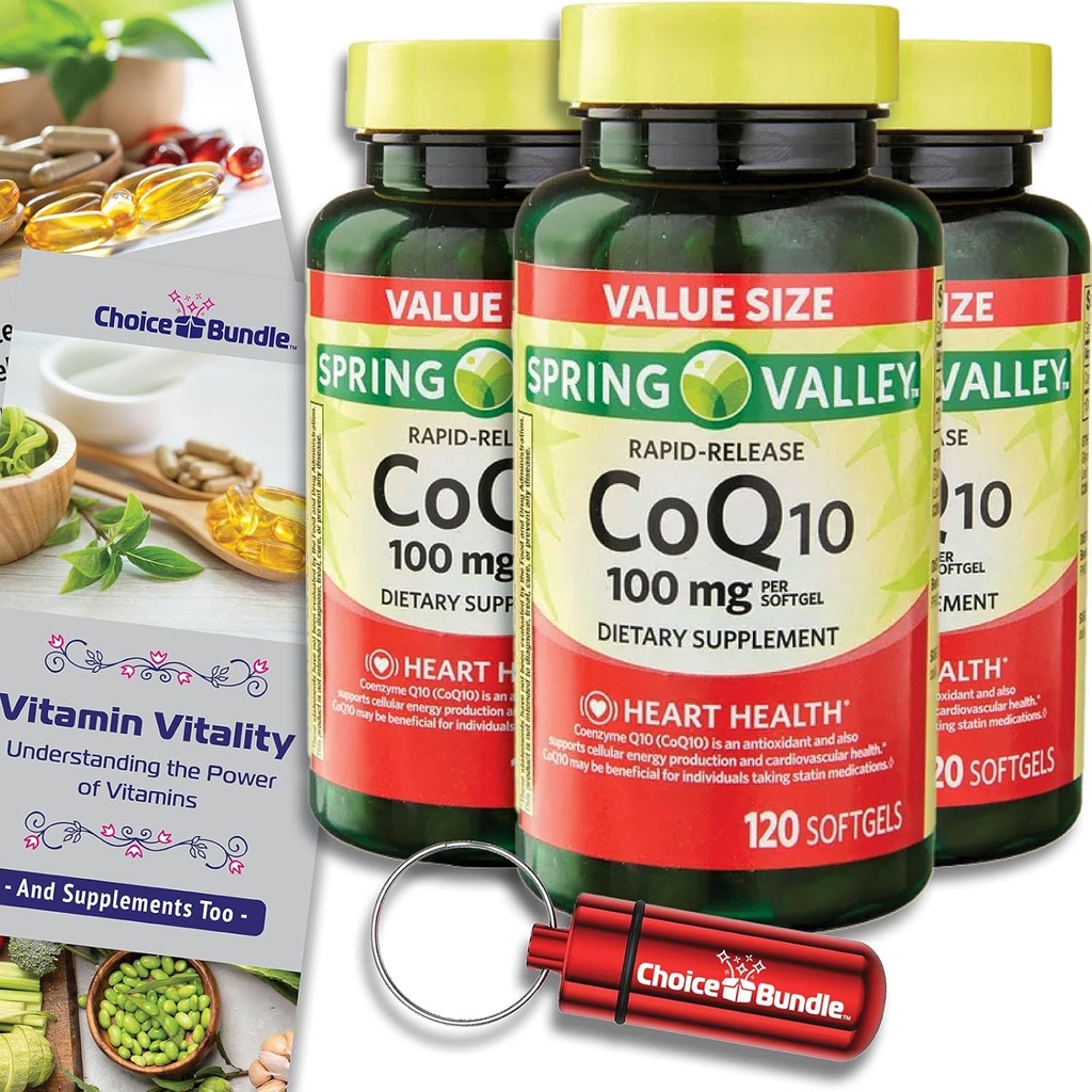 בחירת Bundle Spring Valley Rapid-Release CoQ10 Coenzyme Q10 100 מ"ג Softgels 120 CT 3 pk (360 Total) + Application & Pill Container (5 פריטים)!