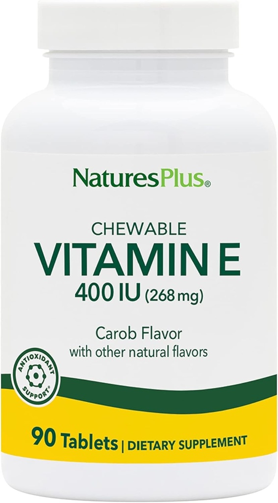 NaturesPlus ויטמין E Chewable - 400 iu, 90 טבליות Vegetarian - Natural Carob Flavor - פונקציונליות קרדיווסקולרית בריאה, הגנה משפטית חינם ורווחה כללית - Gluten-Free - 90 משרתים