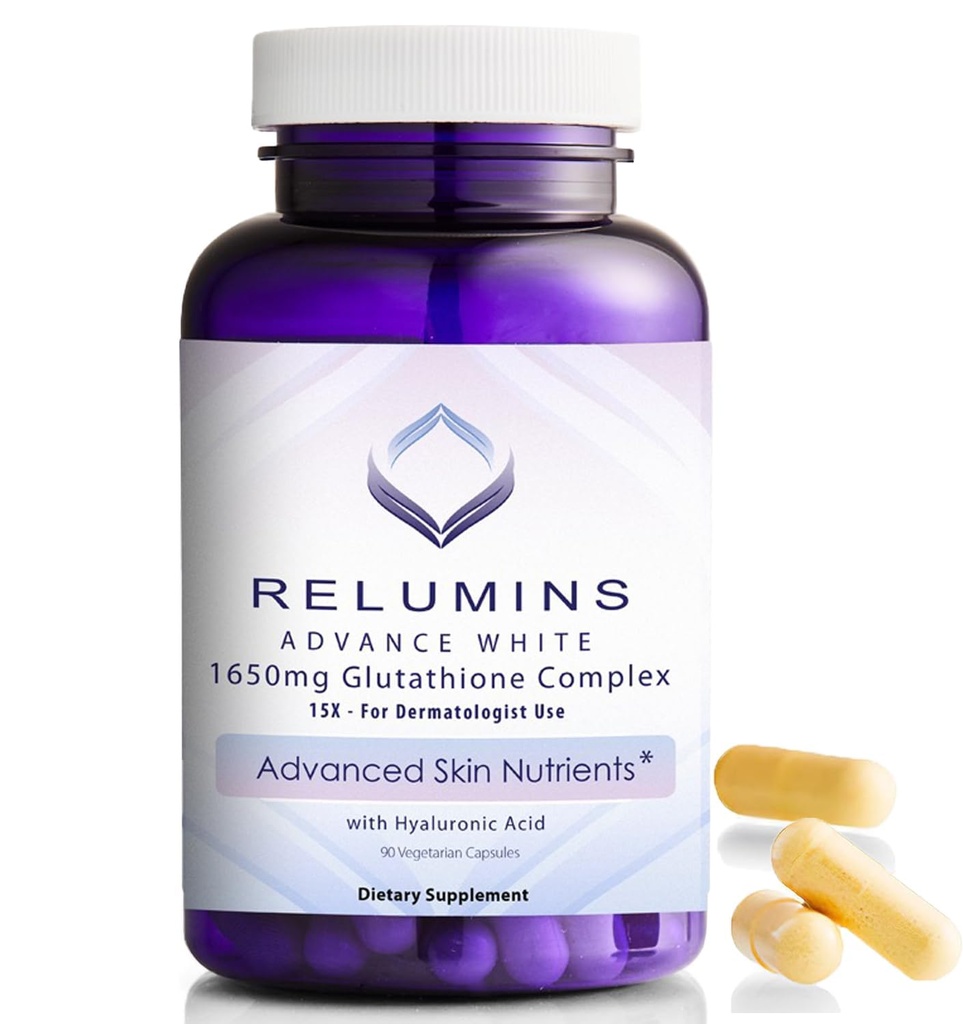 Relumins 1650mg L-Glutathione Complex with Hyaluronic, Alpha Lipoic, Rose HIPS, Vitamin E & Riboflavin – Antioxidant Support, Perfect for Achieving a New Year, New You Glow, Made in USA – 90 Capsules