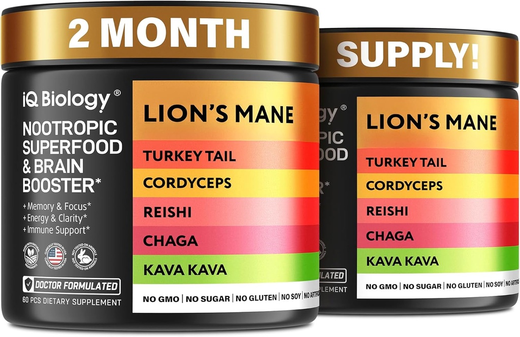 Kava Kava Root Cordyceps Lions Mane Reishi Mushroom תוסף, Nootropic Mushrooms כמוסות Kava Kava לחלץ, Mushroom ויטמינים לנשים, אנרגיה Mushrooms, Ashwagandha, Magnesium - 60s (2 Pack)