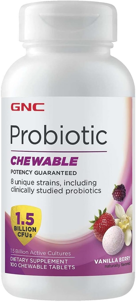 GNC Probiotic Chewable עם 1.5 מיליארד CFUs - וניל ברי, 100 טבליות, Daily Probiotic Support