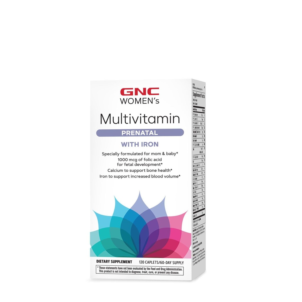 GNC Women's Prenatal Multivitamin פורמולה עם ברזל, תומך הריון ופיתוח תינוק בריא, חומרים מזינים חיוניים Folic Acid, Zinc, Calcium Plus ויטמין B, 120 קפסולת