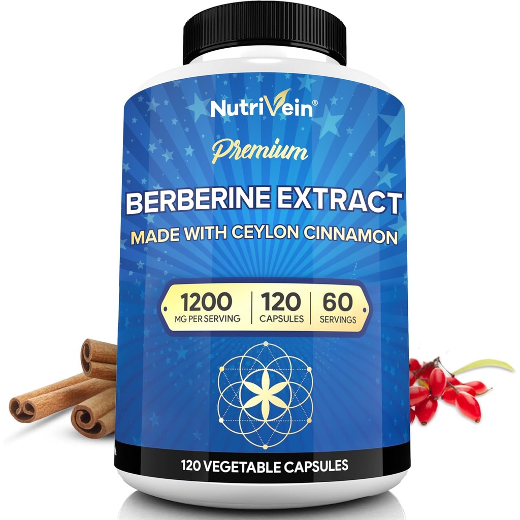 Nutrivein Premium Berberine HCL 1200 מ"ג עם Ceylon Cinnamon - 120 קפסולות: High-Absorption Berberine תוסף for Defenses, Digestion & Metabolism
