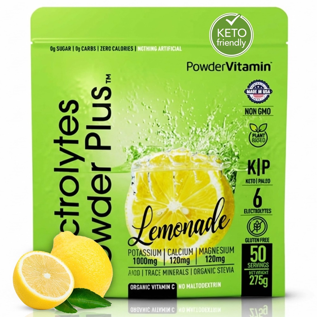 אבקת אלקטרוליטים פלוס (50 משרתים), 0 Calorie Keto, 0 סוכר, No Maltodextrin, 1000mg Potassium, 120 מ"ג Calcium, 120 מ"ג מגנזיום, אבקת לחות (50 משרתים, Lemonade)