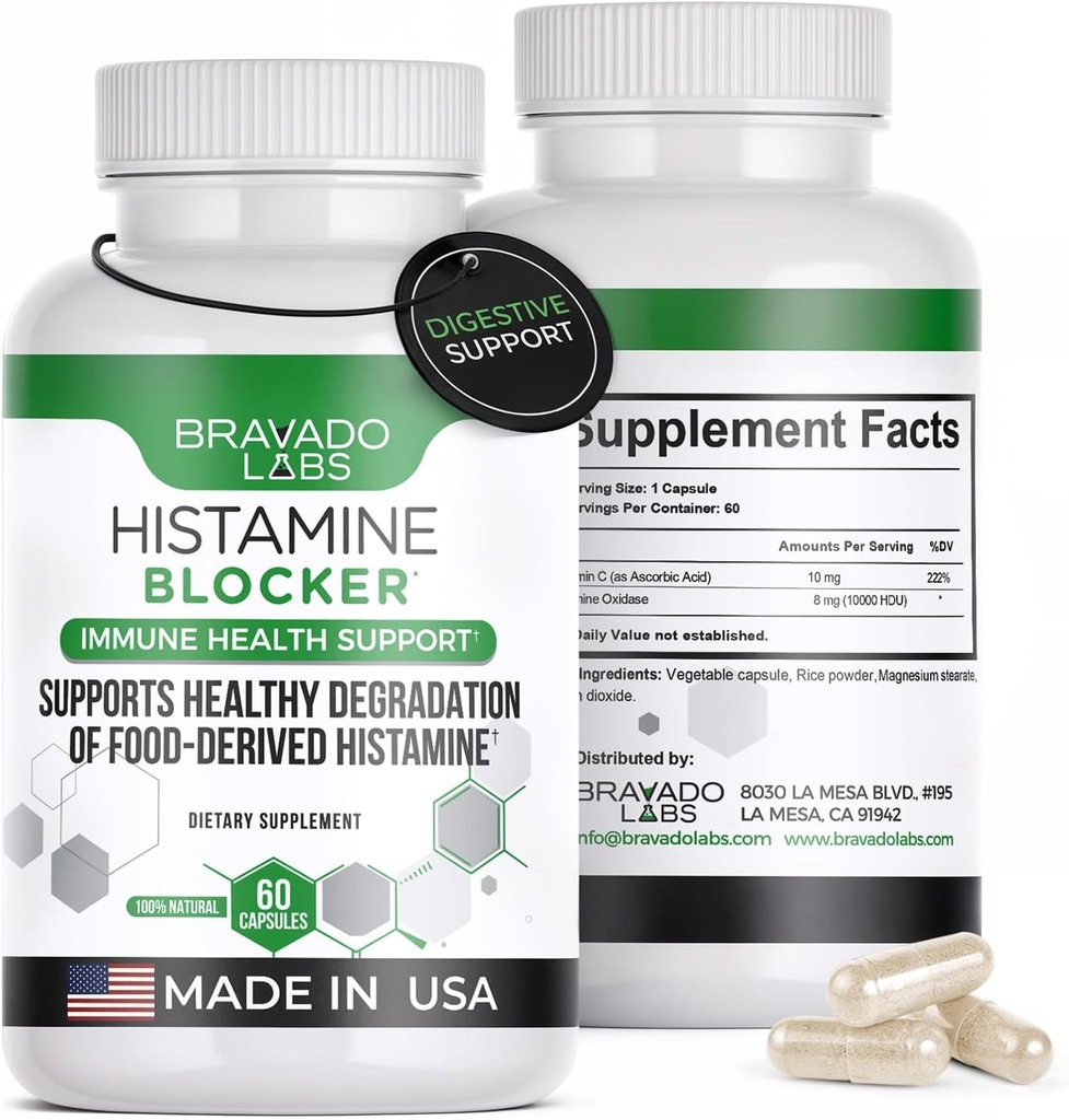Histamine Blocker תוספים - DAO Enzyme Formula & ויטמין C - תמיכה יומית עבור Inlerance and Immune Support - DAO תוסף Histamine Blocker - 60 קפסולות - מיוצר בארה"ב