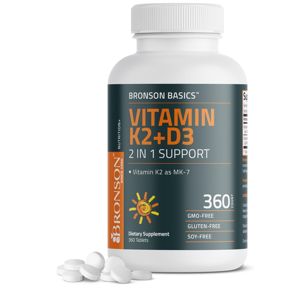 Bronson ויטמין K2 D3 (MK7) תוסף non-GMO פורמולה ויטמין D3 5000IU (125 mcg) ו 90 mcg K2 MK-7, Easy to Swallow D & K Complex, 360 טבליות
