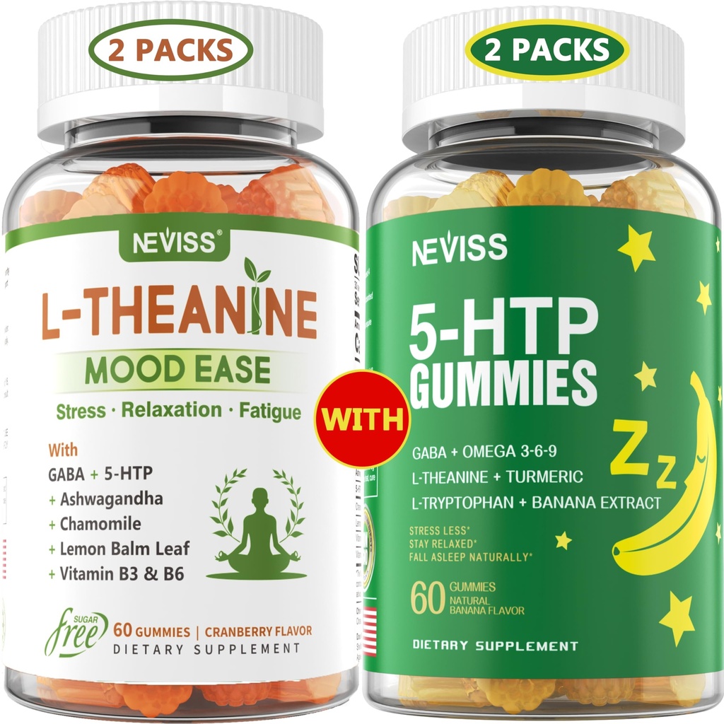 NEVISS סוכר חינם L-theanine Calm Gummies 120 Counts + סוכר חינם 5HTP חניכיים 120 ספירות