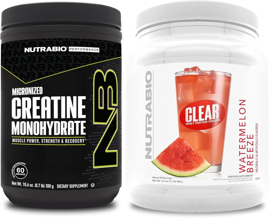 NutraBio Creatine Monohydrate, Unflavored, (300 גרם) ו Clear Whey חלבונים Isolate, (Watermelon Breeze) תוסף Bundle - שריר אנרגיה, צמיחה מקסימלית, התאוששות וכוח