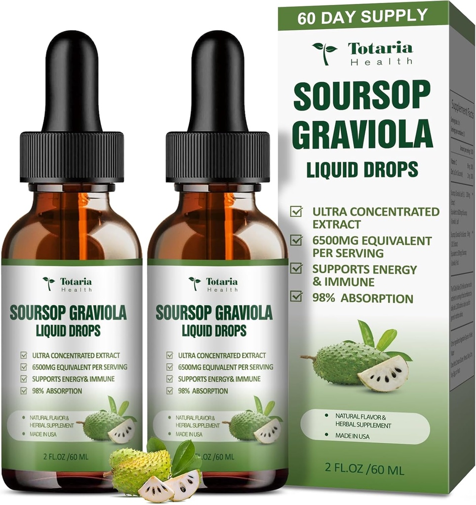 (2 Packs) Pure Soursop Graviola נוזל טיפות תמיכה בריאות העור, שינה ואנטיoxidant - Guanabana שמן אורגני Leaf Exact Soursop Bitters נוזל טיפות, Natural Flavor, non-GMO, טבעוני 4 Fl Oz