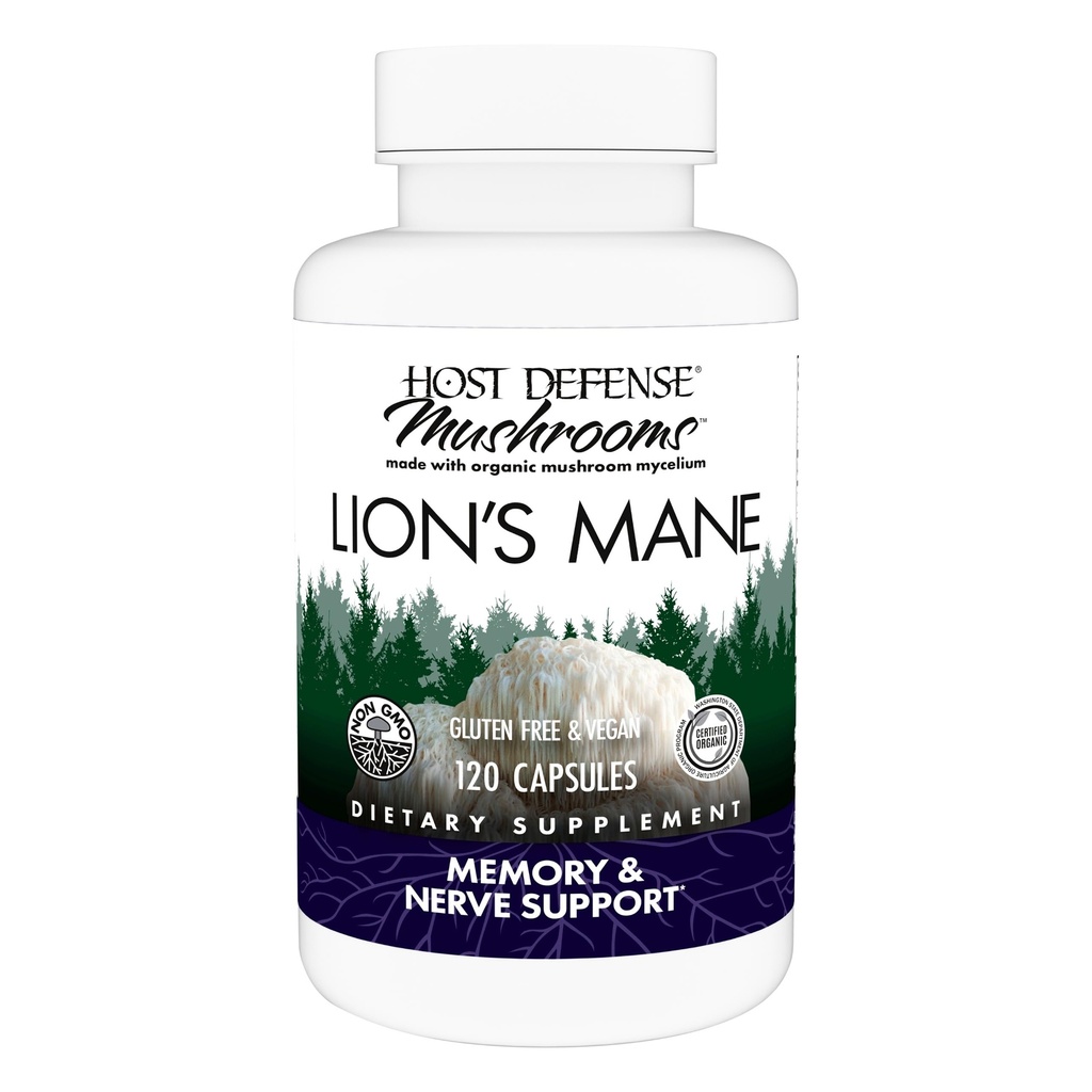 Host Defense Mushrooms Lion's Mane - קפסולות תוספת לתמיכה בבריאות המוח - תמיכה מטאטא עבור Focus & Memory function - Immune & Nervous System תוסף - 120 קפסולות (60 משרתים)