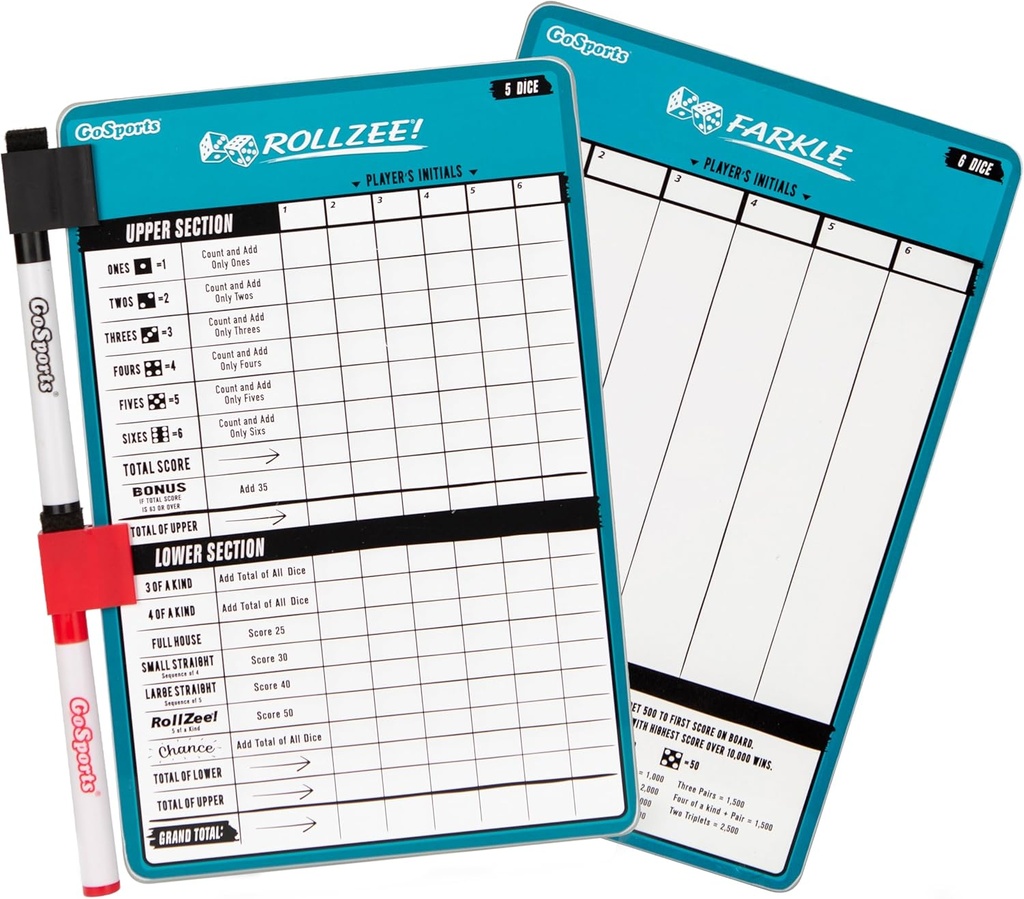 GoSports Dry Erase Rollzee & Farkle Scoreboard - גודל ענק עם 2 Pens