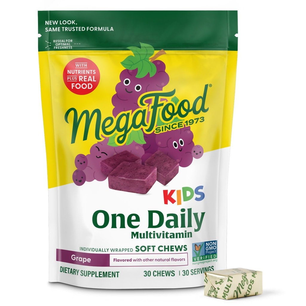 Mega Food Kids One Daily Multivitamin Soft Chews - ילדים ויטמינים עם ויטמין B, ויטמין C, ויטמין D & ויטמין E - Age, Vegetarian, Made Without 9 Allergens - Grape Flavor - 30 צ'אדות