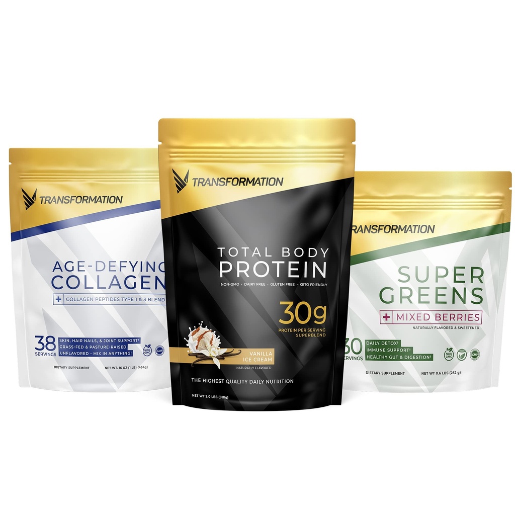 טרנספורמציה אבקה חלבון וניל | 30G Multi-Protein Superblend + Grass-Fed hydrolyzed Collagen Peptides אבקת שיער, Skin, Nails + אורגני Super Greens Superfood אבקת Immune & אנרגיה תמיכה