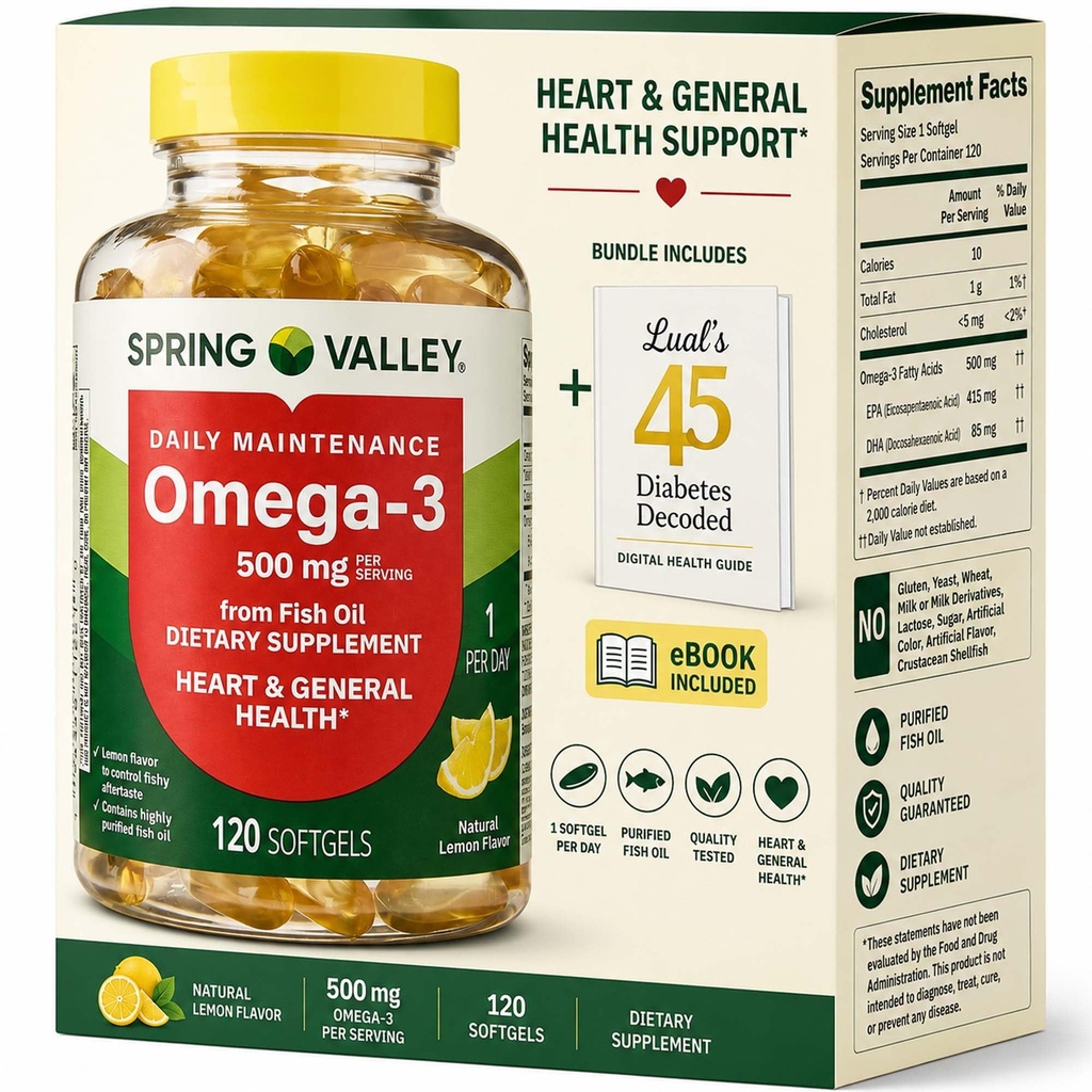 עמק האביב אומגה 3 משמן דגים 500 מ"ג 120 ספירה, SoftGels, General & Heart Health Dietary תוסף Bundle עם 45 סוכרת של Luall