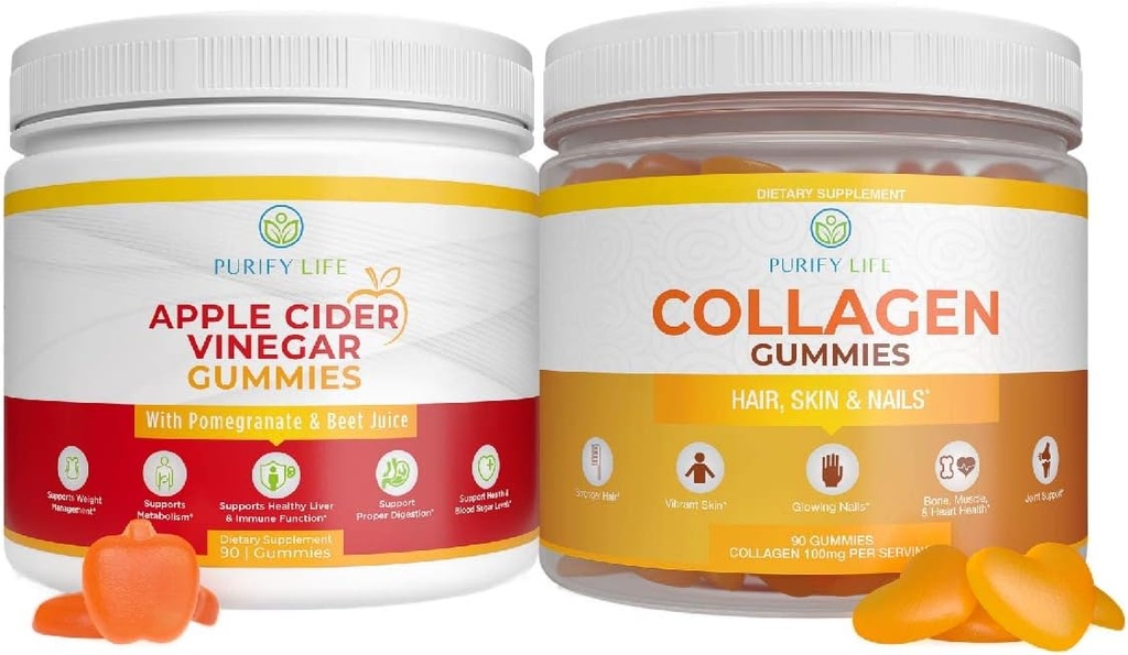 Apple Cider Vinegar & Collagen Bundle, Gummies for Womens Hair growth growth, Healthier Skin & Nails (Bulk 90 Gummies) Joint Care ויטמין, Immune Support, Detox, Metabolism, Mens Womens Acidlux