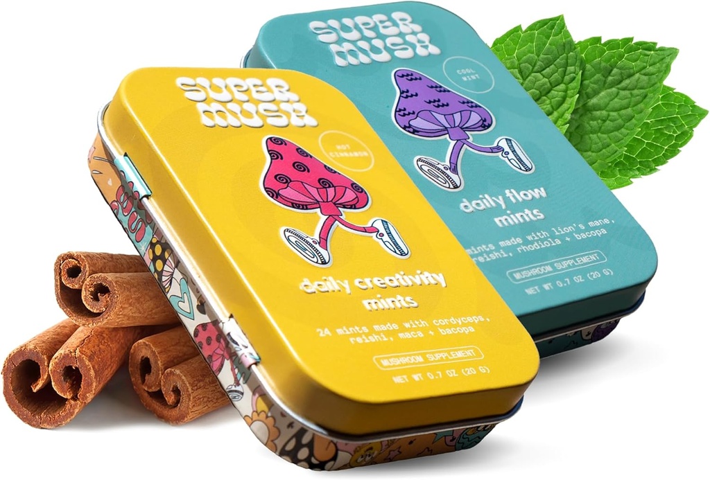 SuperMush Daily SuppleMint - 2 Flow & Focus Mints + 2 יצירתיות וחיבור Mints - Mushroom Mint תוספים - Lions Mane, Cordyceps, ו-Reishi המעורב Mushrooms