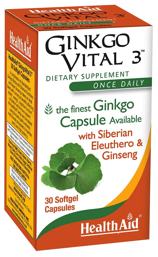HealthAid Genekgo Vital 3 - Once-Daily Softgel עם ג'ינקגו Biloba, סיביר Eleuthero ו-קוריאני גינזנג | תמיכה בקוצר רוח ו Circulation | 30 Softgels