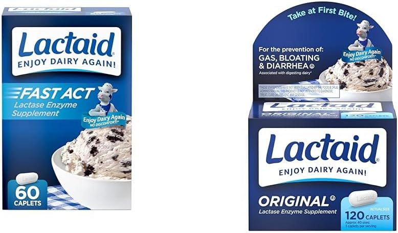 Lactaid Fast Act 60-Pack כוח מקורי 120-Count Lactose Intolerance Caplets עם 9000 יחידות FCC Lactase