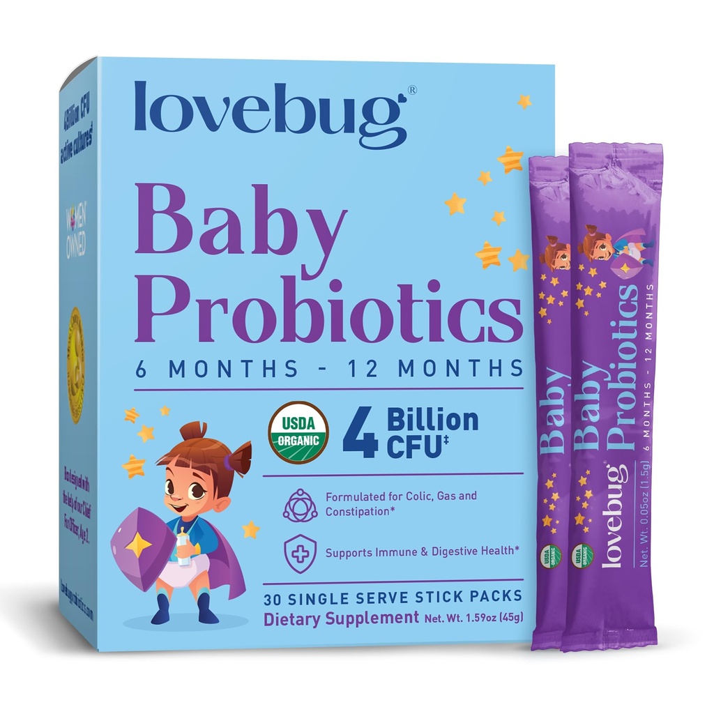 LoveBUG Probiotics for Babies - אורגני בייבי פרוביוטיקה 6-12 חודשים עבור תמיכה בייבי Immune, Gas, Colic, Diarrhea & Baby Constipation Relief ללא סוכר, ללא טעם, 30 Pack