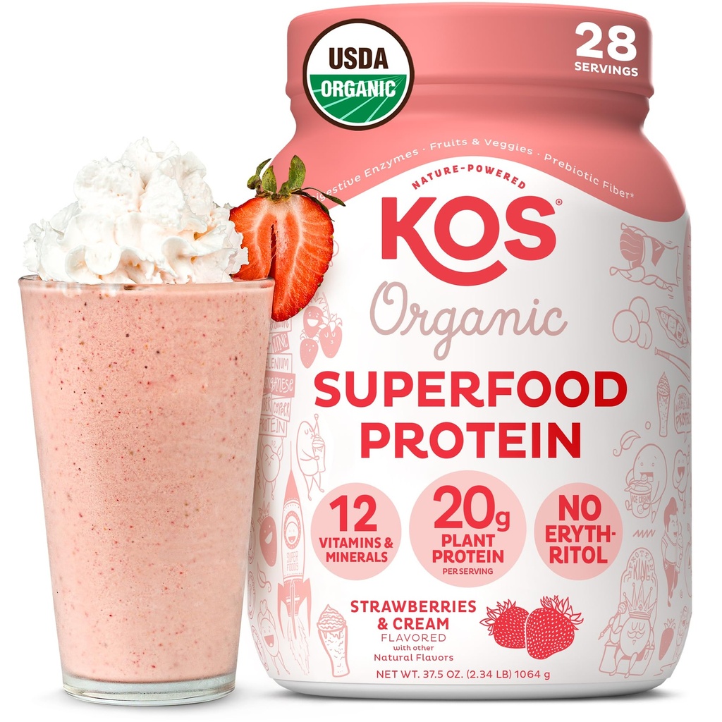 אבקת חלבון טבעוני KOS, Strawberries & CreamA אורגני - Low Carb Pea חלבון תערובת, צמחי מבוסס על מזון עם ויטמינים ומינרלים, Gluten חינם - החלפת Meal עבור נשים וגברים - 28 משרתים