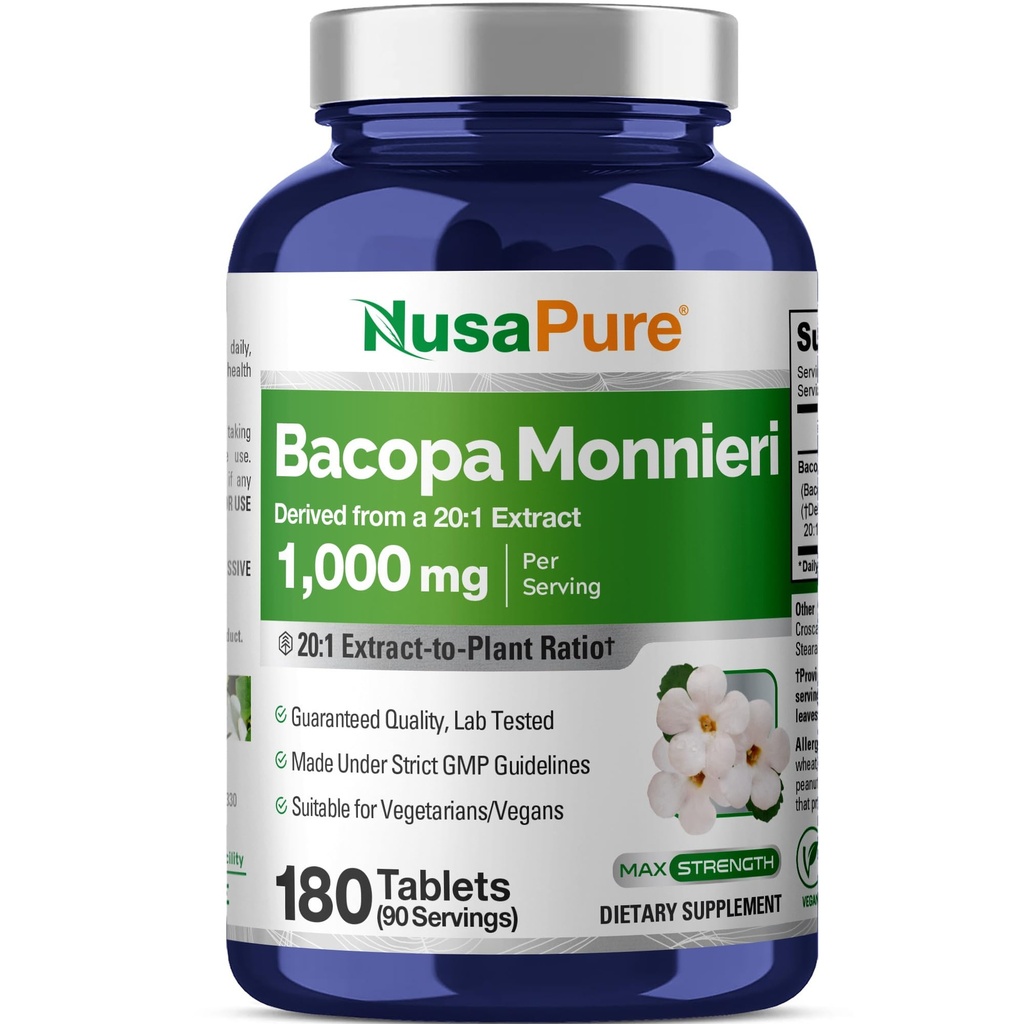 NusaPure Bacopa Leaf Monnieri לחלץ 20,000 מ"ג 180 טבליות (Extract 20:1, non-GMO, Gluten Free)