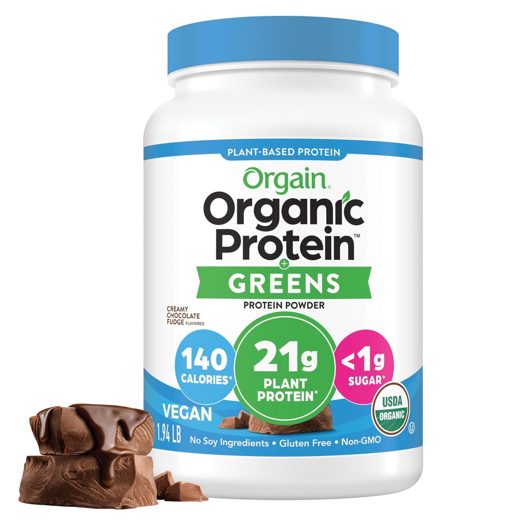 Orgain אורגני אבקת חלבון + ירוק, קרם שוקולד Fudge - 21g צמחי מבוסס חלבון, Gluten חינם, חלב ו Lactose חינם, Soy Free, No Sugar הוסיף, Iron & Prebiotics for Gut Health - 1.94lb