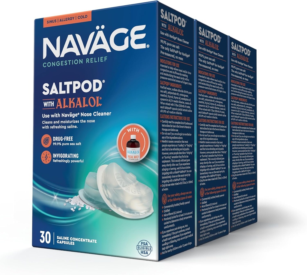 Navage SaltPod w / Alkalol (3 30Packs) - מיועד בלעדית עבור Navage Nasal Rinse - Sinus Rinse Alkalol Pods עבור הקלה מהירה (90 SaltPod Refills)