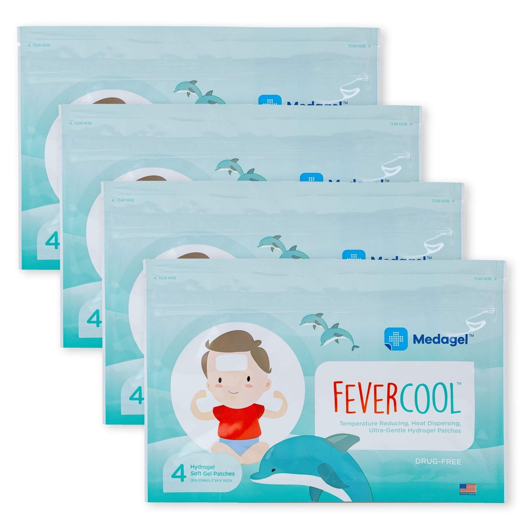 FeverCool Patches - Cooling Patches for Fever, Migraine & Headache הקלה | Made in the USA | Coolטמפרטורות | Mess & Odor Free | Adults & Kids 2+ | 4 Packs (16 x Patches)