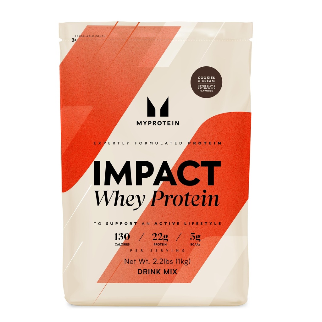 אבקת חלבון Myprotein Impact Whey חלבונים, 2.2 Lbs (32 משרתים) קובצי Cookie & Cream, 22g חלבונים ו 5g BCAA Per משרת, חלבון שקד עבור ביצועים גבוהים, כוח שרירים ושיקום, Gluten חינם