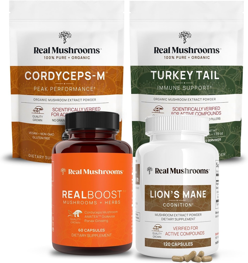 Real Mushrooms RealBoost (60ct), Lions Mane (120ct), Cordyceps & Turkey Tail Mushroom אבקת & קפסולות בונדלה - תוספת של אנרגיה, Vitality, Endurance & Cognition - טבעוני, non-GMO