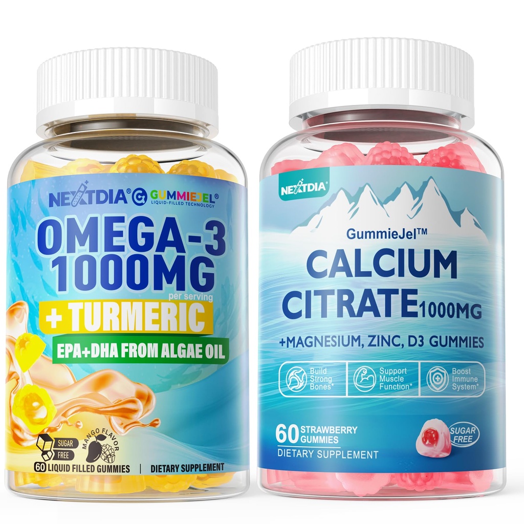 1Pack Sugar Free Calcium Citrate, Magnesium Citrate & 1Pack Vegan Omega-3 Gummies 1000mg + Turmeric